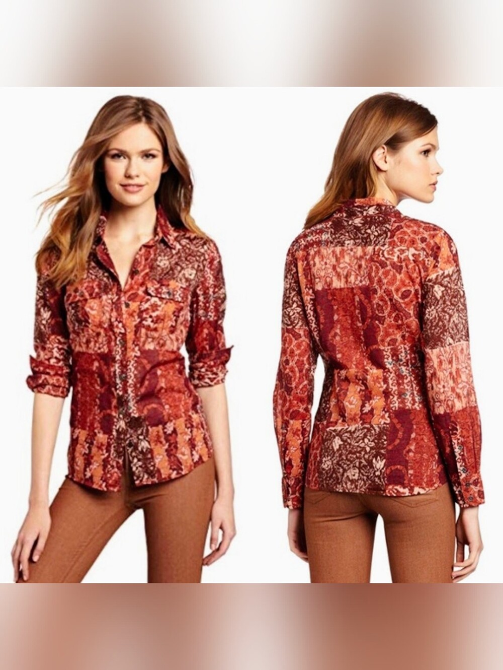 Lucky Brand 100% Silk Patchwork Burnt Orange Western Boho Button Down Shirt sz M